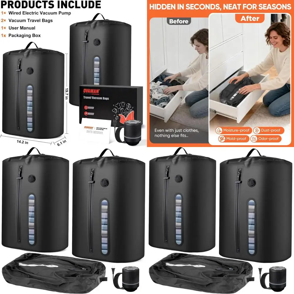 Travel Vacuum Storage Bags with Pump, Compact Packing Cubes, Waterproof Airtight Bags for Clothes, Reusable IP68 Protection for
Travel Vacuum Storage Bags with Pump, Compact Packing Cubes, Waterproof Airtight Bags for Clothes, Reusable IP68 Protection for