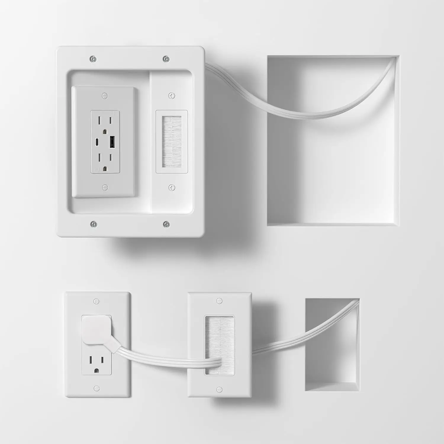 In-Wall Cable Management Kit with Brush Wall Plate, Recessed TV Outlet Box with 2AC+USB-A+USB-C, 9.8ft Cord for Home Theater
In-Wall Cable Management Kit with Brush Wall Plate, Recessed TV Outlet Box with 2AC+USB-A+USB-C, 9.8ft Cord for Home Theater