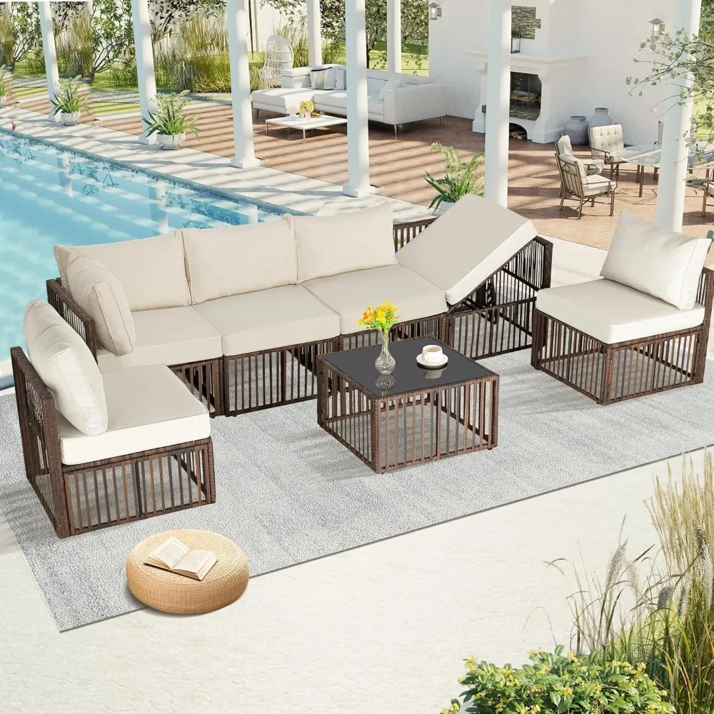 7 Pieces Outdoor Patio Furniture Set, Wicker Outdoor Sectional Conversation Couch Set with Adjustable Backrest Sofa, Beige Cushi
7 Pieces Outdoor Patio Furniture Set, Wicker Outdoor Sectional Conversation Couch Set with Adjustable Backrest Sofa, Beige Cushi