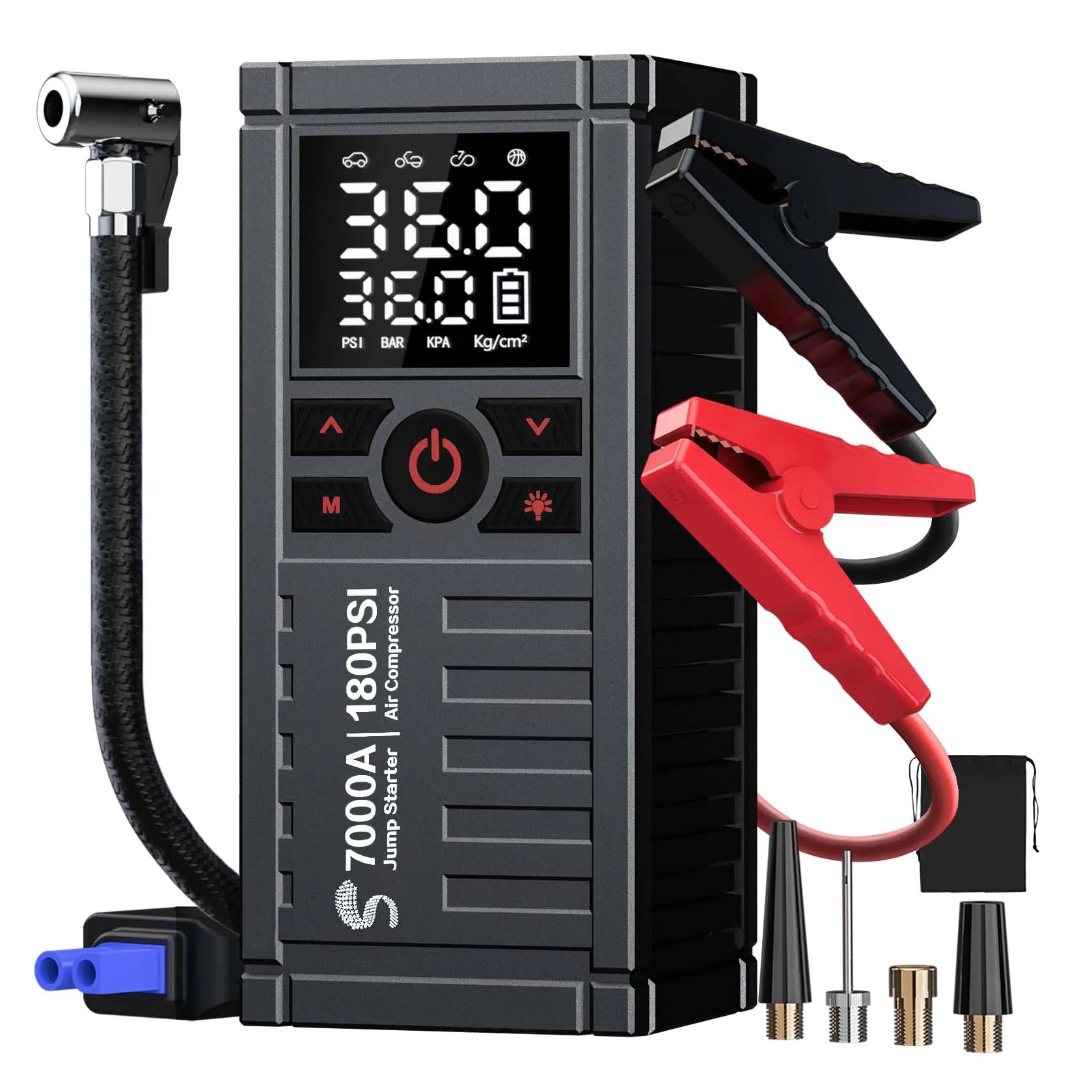 Пусковое устройство с воздушным компрессором, 7000А 180PSI, для запуска автомобильных аккумуляторов (для всех бензиновых/дизельных двигателей до 12.0 л), зарядное устройство для АКБ, LED-фонарь
Пусковое устройство с воздушным компрессором, 7000А 180PSI, для запуска автомобильных аккумуляторов (для всех бензиновых/дизельных двигателей до 12.0 л), зарядное устройство для АКБ, LED-фонарь