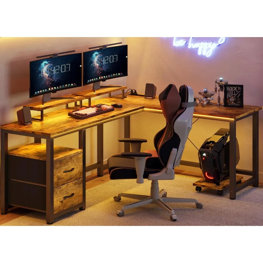 L-Shaped Desk with Power Outlets, 66" Office Desk with Shelves and Monitor Stands, Gaming & Home Office Workstation
L-Shaped Desk with Power Outlets, 66" Office Desk with Shelves and Monitor Stands, Gaming & Home Office Workstation
