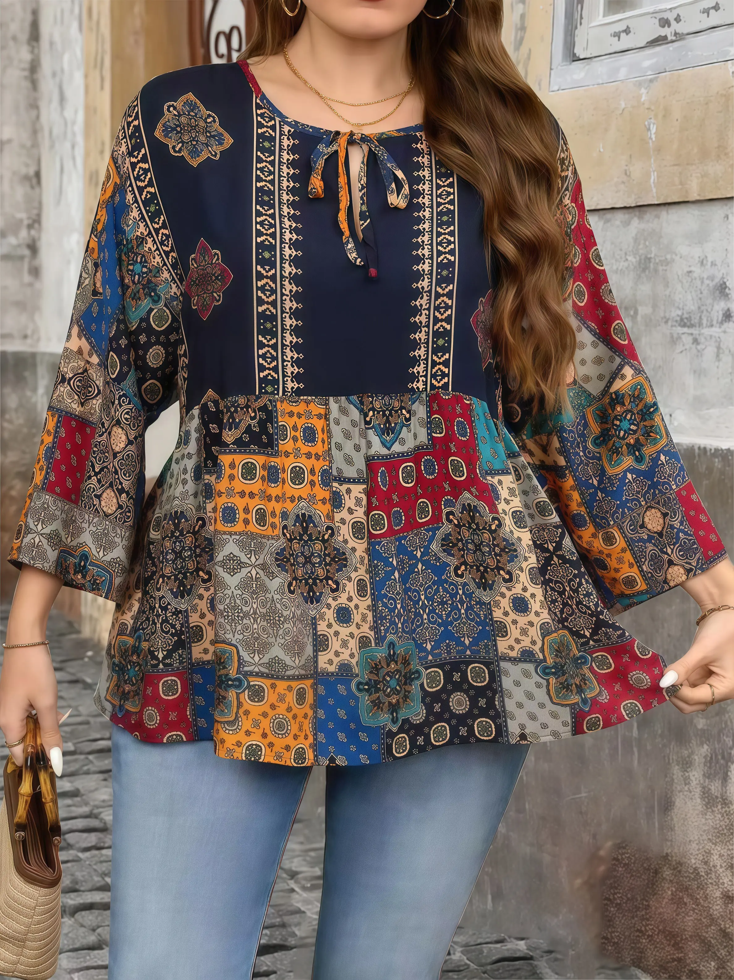 Bohemian Print V-Neck Tie-Waist 3/4 Sleeve Plus Size Women's T-Shirt - Elegant Ethnic Blouse
Bohemian Print V-Neck Tie-Waist 3/4 Sleeve Plus Size Women's T-Shirt - Elegant Ethnic Blouse
