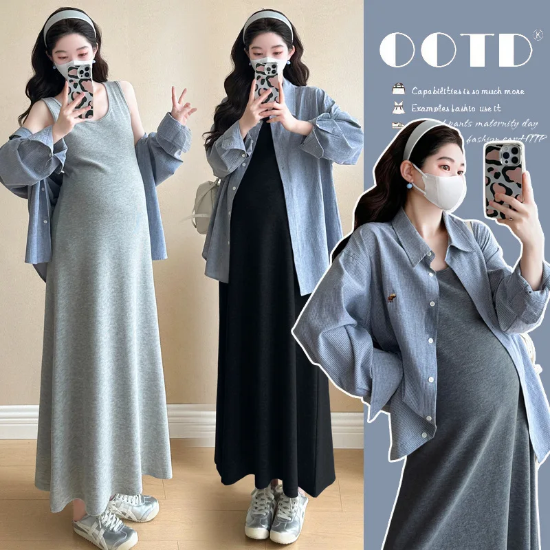 2025 Korean Style Pregnancy Dress Autumn Maternity Two Piece Set Sleeveless Dress Striped Shirt Comfy Chic Mommy Outfit
2025 Korean Style Pregnancy Dress Autumn Maternity Two Piece Set Sleeveless Dress Striped Shirt Comfy Chic Mommy Outfit