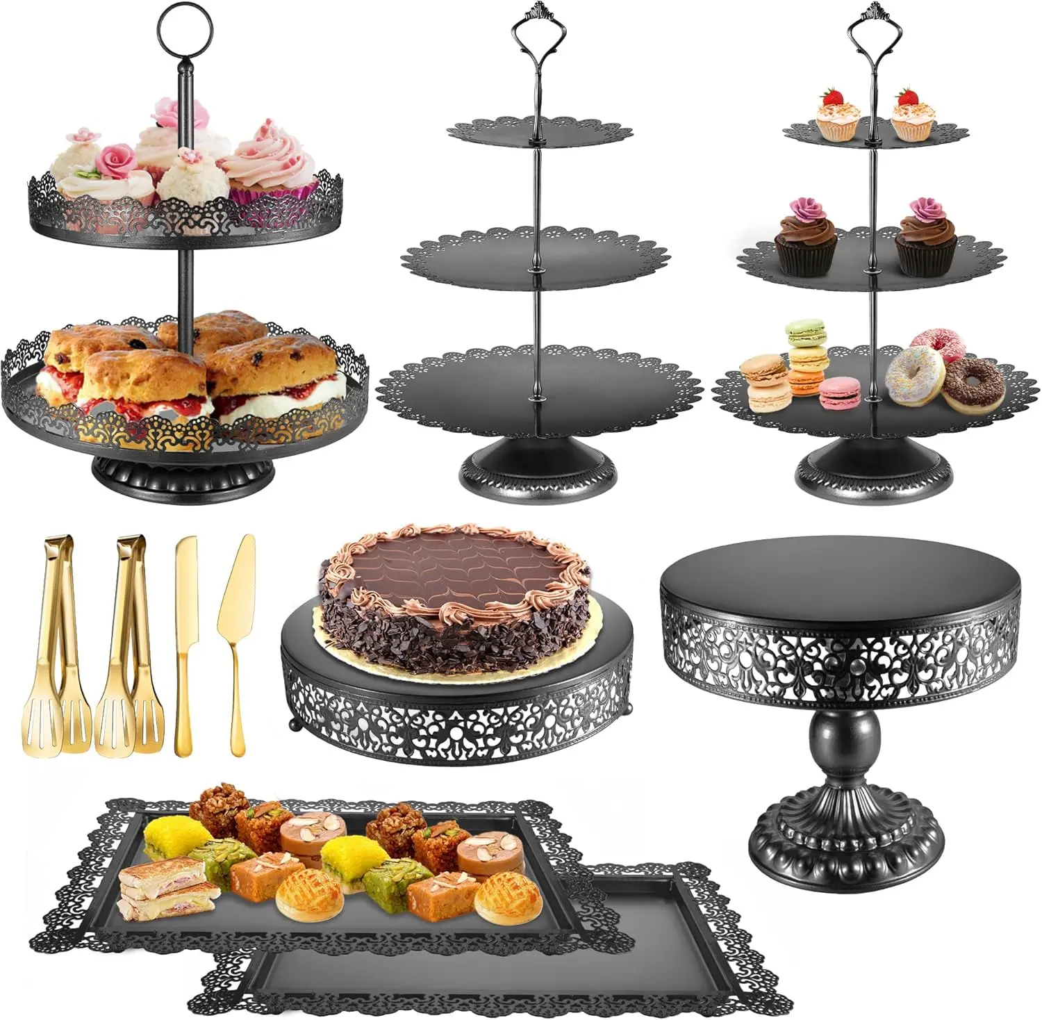 Black Tiered Cake Stand Set with Plates, Knife, Server & Tongs for Wedding Birthday Party Decor
Black Tiered Cake Stand Set with Plates, Knife, Server & Tongs for Wedding Birthday Party Decor