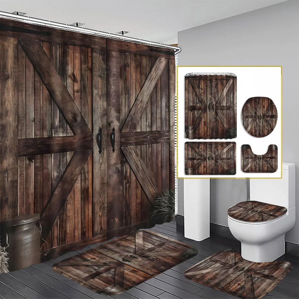 Rustic Wood Print Bathroom Four-Piece Set, Waterproof Shower Curtain with Matching Rugs and Toilet Cover
Rustic Wood Print Bathroom Four-Piece Set, Waterproof Shower Curtain with Matching Rugs and Toilet Cover