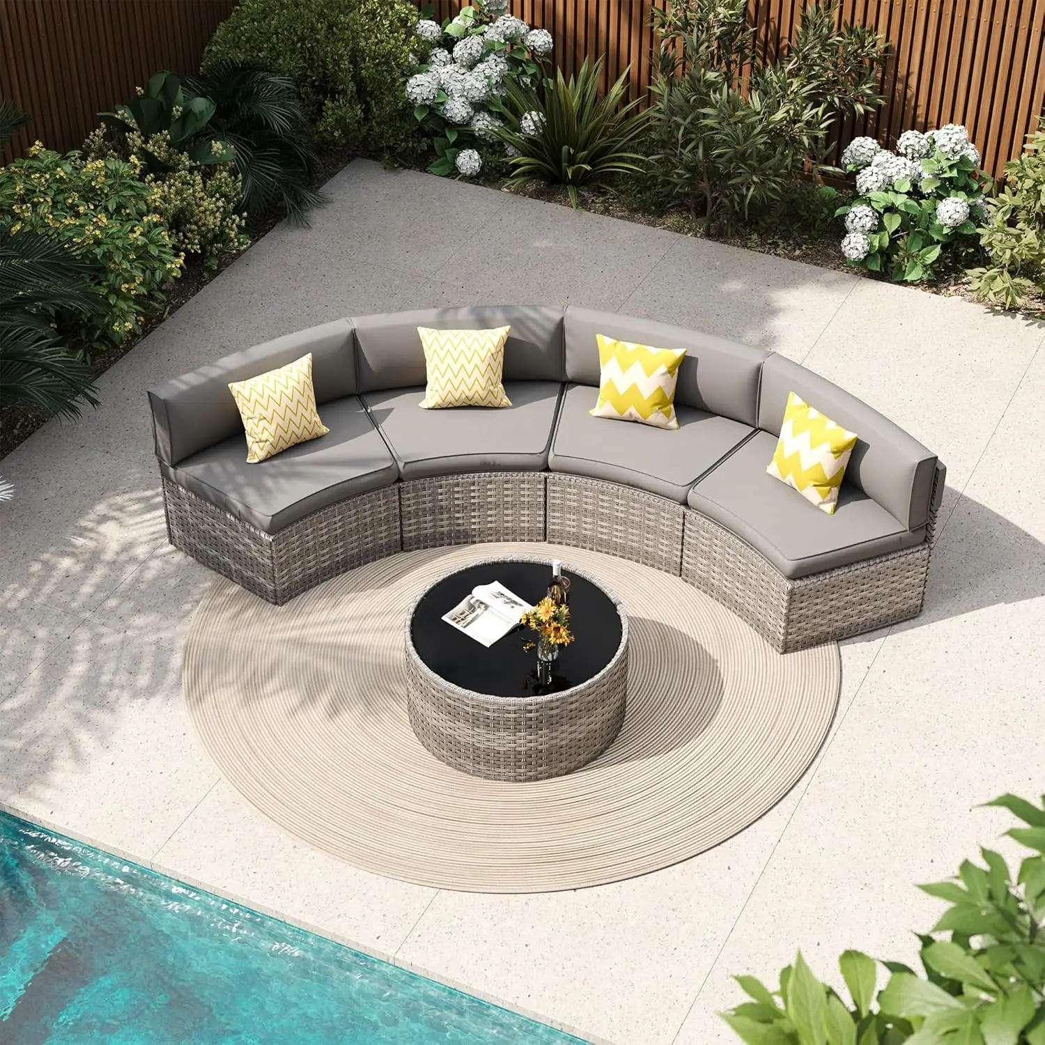 Grey Rattan 5-Piece Curved Sectional Sofa Set Outdoor Patio with Coffee Table for Pool Backyard Balcony Lawn, Customized
Grey Rattan 5-Piece Curved Sectional Sofa Set Outdoor Patio with Coffee Table for Pool Backyard Balcony Lawn, Customized