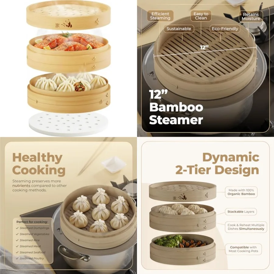 Bamboo Steamer Basket - 2-Tier 0% Organic Bamboo Complete Kit: 50 Liners, Chopsticks and Ceramic Sauce Dish Steam Dumplgs, Bao
Bamboo Steamer Basket - 2-Tier 0% Organic Bamboo Complete Kit: 50 Liners, Chopsticks and Ceramic Sauce Dish Steam Dumplgs, Bao