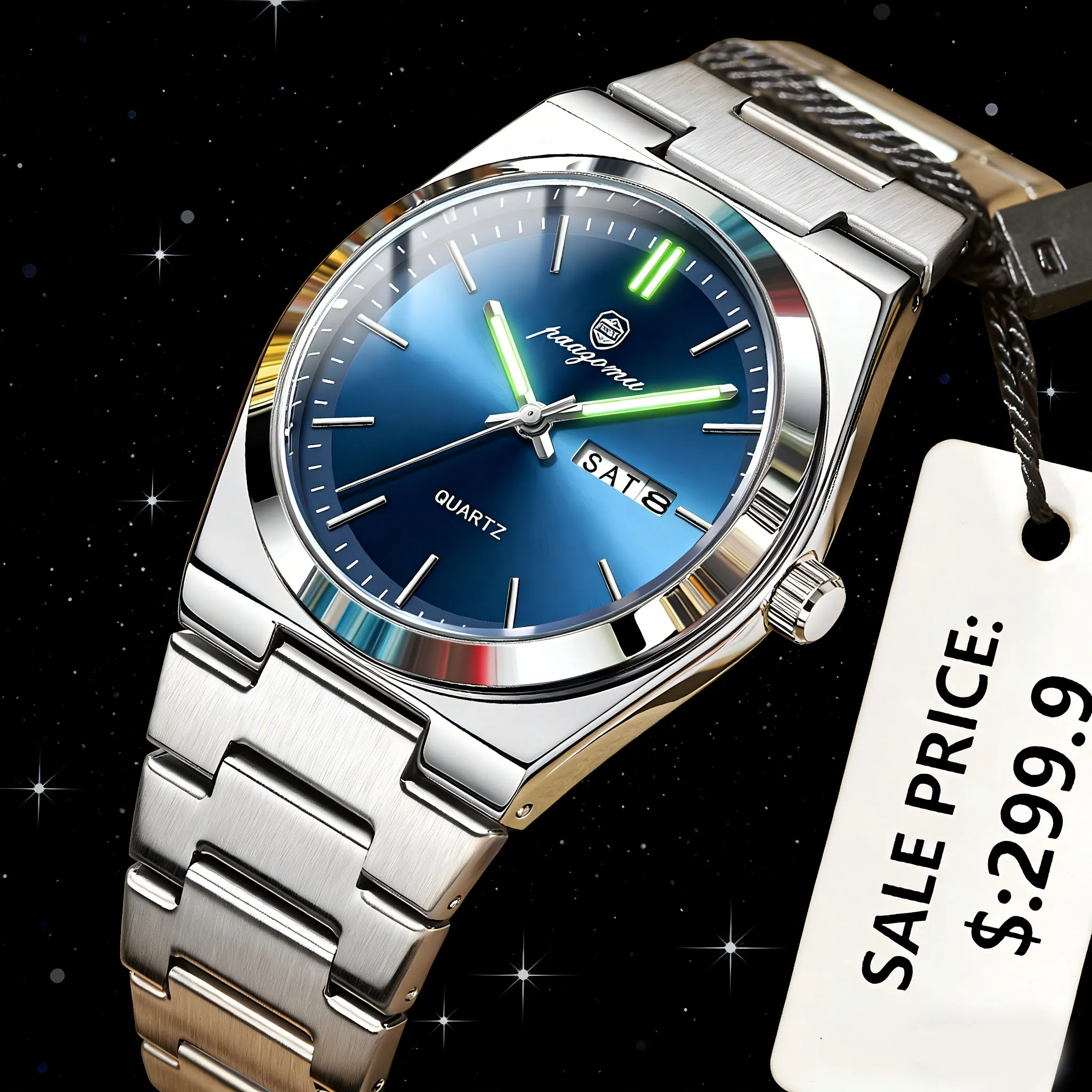 PAAZOMU 2026 New Sleek Silver Stainless Steel Quartz Watch with Striking Blue Sunburst Dial, Day-Date Window, and Luminous Hands
PAAZOMU 2026 New Sleek Silver Stainless Steel Quartz Watch with Striking Blue Sunburst Dial, Day-Date Window, and Luminous Hands