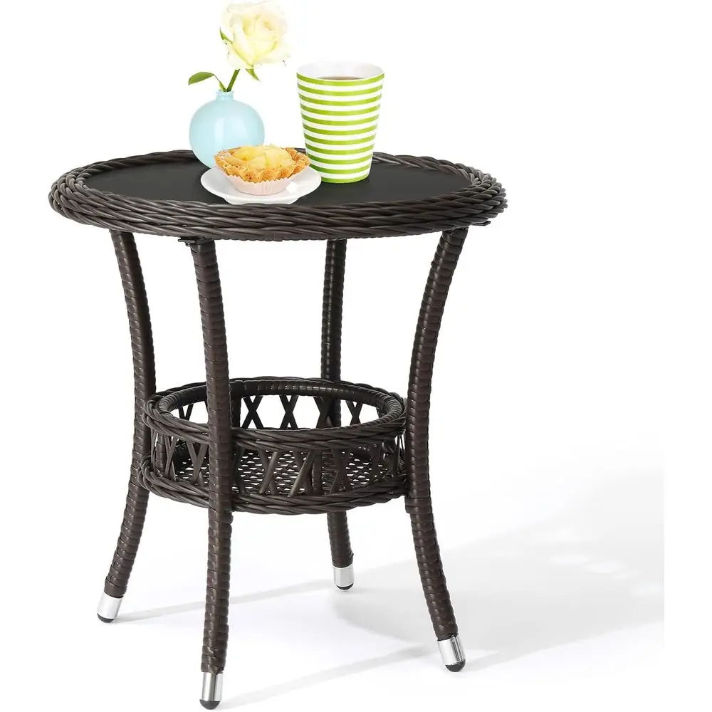 Brown Outdoor Wicker Side Table with Tempered Glass Top and Storage for Patio, Balcony, or Deck
Brown Outdoor Wicker Side Table with Tempered Glass Top and Storage for Patio, Balcony, or Deck