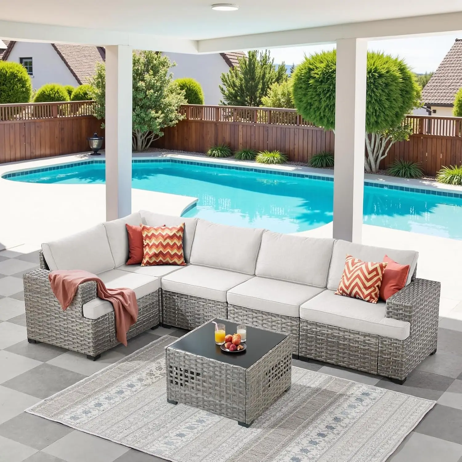 6 Piece Wicker Patio Furniture Set Modular Sectional Sofa 5 Seat Glass Coffee Table Outdoor Deck Backyard, Customized
6 Piece Wicker Patio Furniture Set Modular Sectional Sofa 5 Seat Glass Coffee Table Outdoor Deck Backyard, Customized