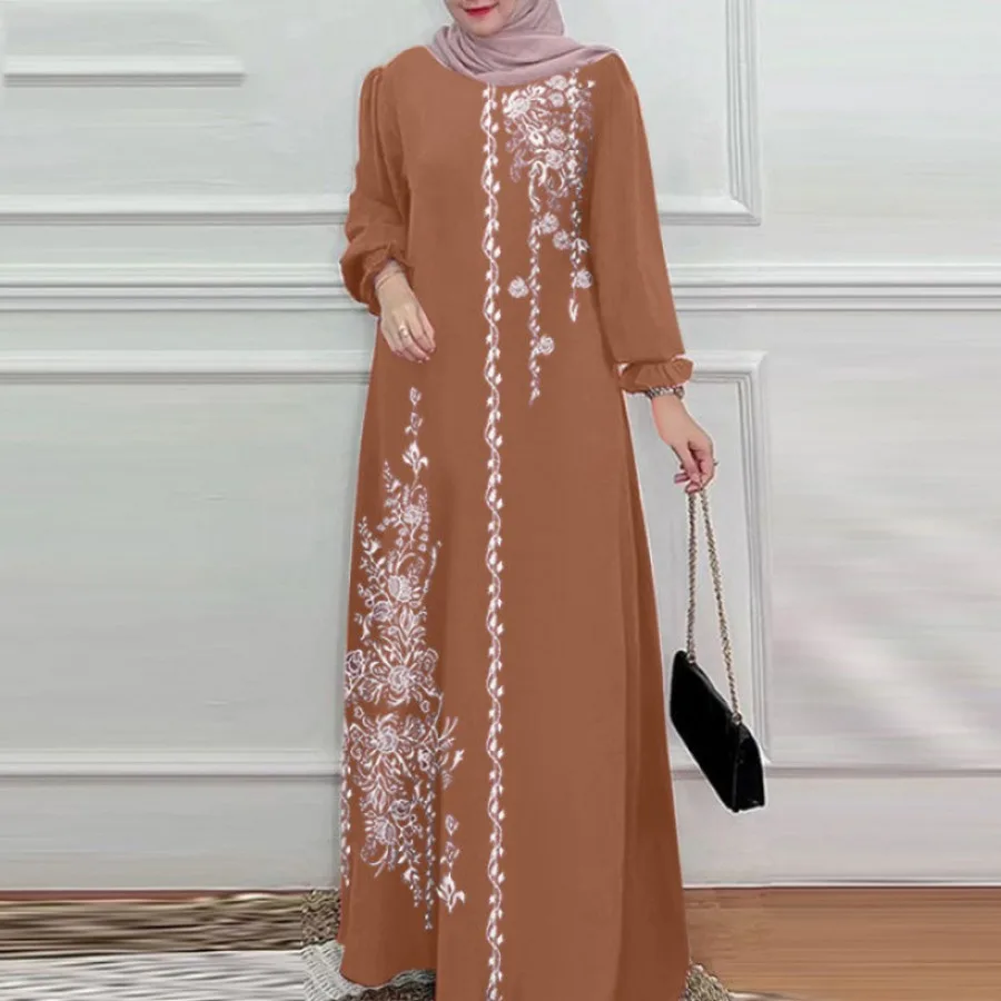 【New style】European and American - dress women's dress elegant brown embroidered long daily dress
【New style】European and American - dress women's dress elegant brown embroidered long daily dress
