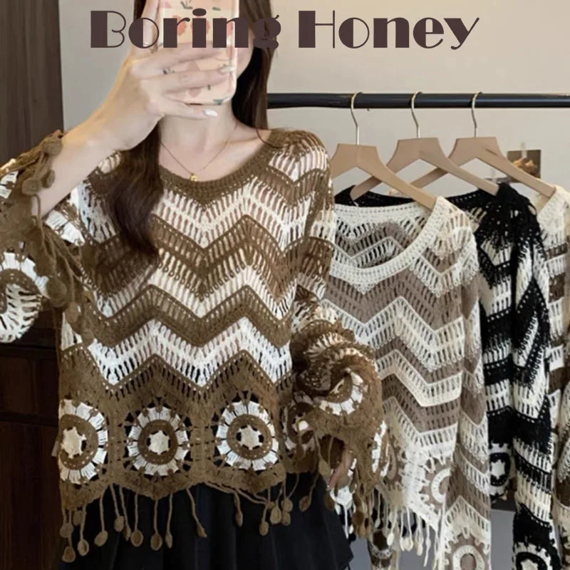 Boring Honey Fashion Retro V-neck French Style T-Shirt Female Hollow Contrast Stripes Design Sense Tassel Long Sleeve Top Women
Boring Honey Fashion Retro V-neck French Style T-Shirt Female Hollow Contrast Stripes Design Sense Tassel Long Sleeve Top Women