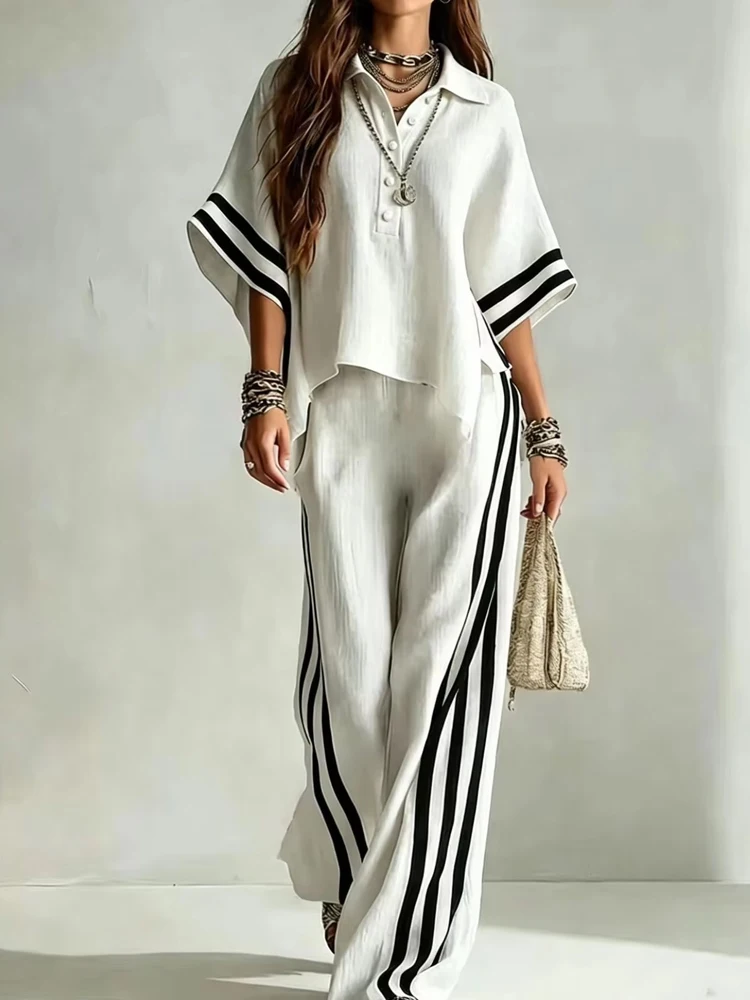 Women's Black White Striped Casual Two Piece Set Loose Shirt & Wide Leg Pants Summer Outfit For Beach Daily Leisure Holiday
Women's Black White Striped Casual Two Piece Set Loose Shirt & Wide Leg Pants Summer Outfit For Beach Daily Leisure Holiday