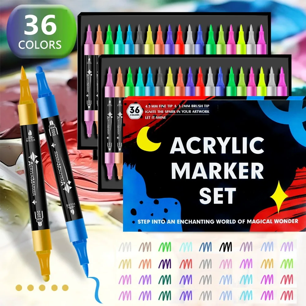 12/24/36 Colors Acrylic Paint Pens Markers Dual Tip Acrylic Paint Markers with Brush Tip and Fine Tip Painting Kit
12/24/36 Colors Acrylic Paint Pens Markers Dual Tip Acrylic Paint Markers with Brush Tip and Fine Tip Painting Kit
