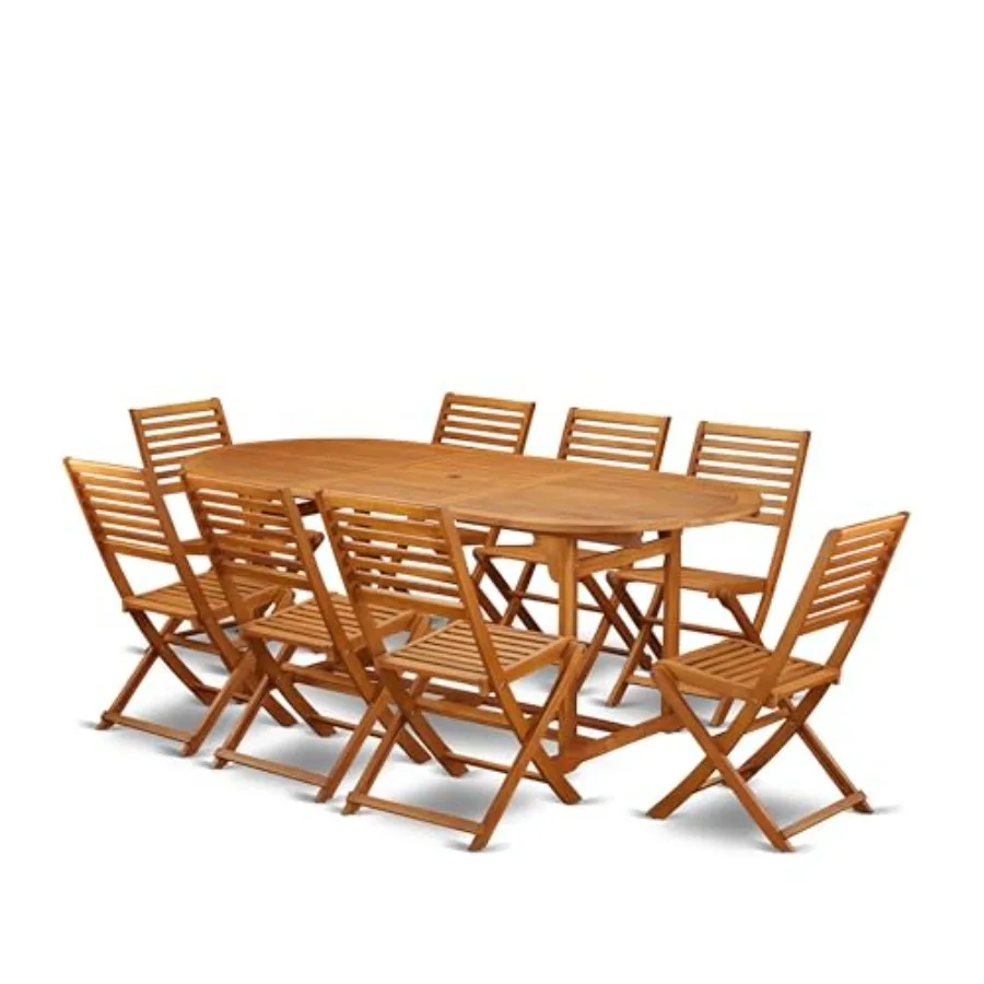 Patio garden table set: acacia wood oval dining table and 8 folding chairs, natural oil finish, 36x78 inch, outdoor use
Patio garden table set: acacia wood oval dining table and 8 folding chairs, natural oil finish, 36x78 inch, outdoor use