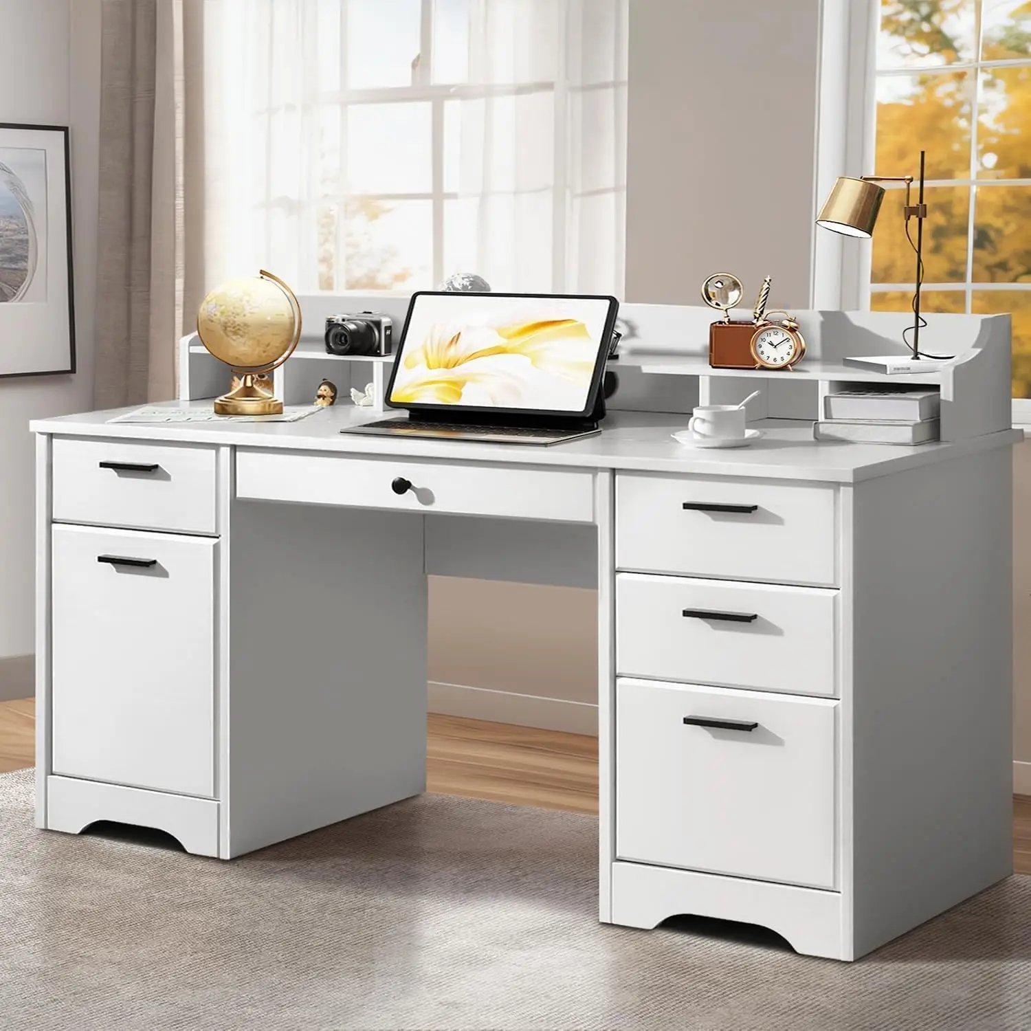 White Desk with 6 Drawers, 58 Inch Executive Desk with Hutch, White Wood Computer Desk with Storage for Bedroom
White Desk with 6 Drawers, 58 Inch Executive Desk with Hutch, White Wood Computer Desk with Storage for Bedroom