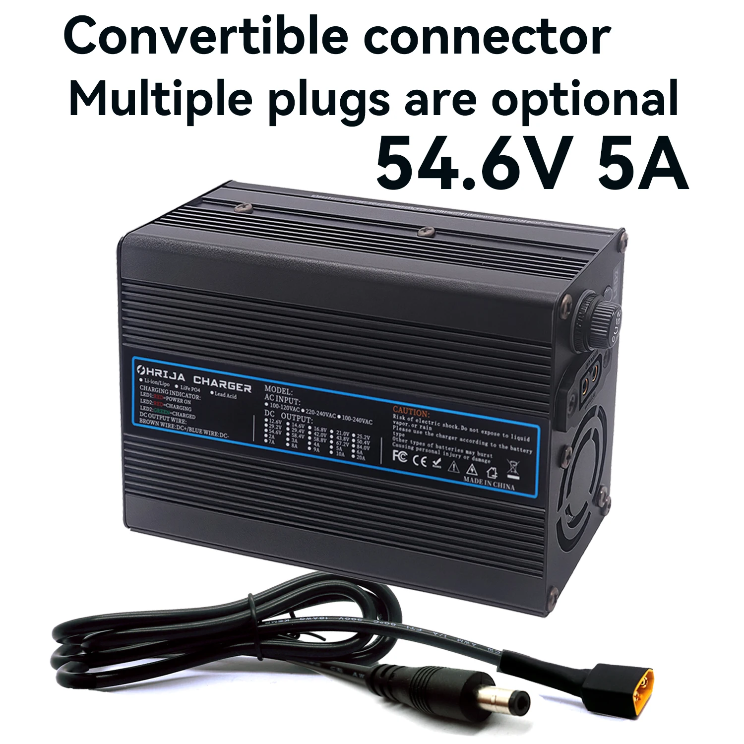 Detachable connector 54.6V 5A Aluminum case Lithium Battery Fast Charger For 48V 13S eries Lithium Battery Charger Cooling fan 
Detachable connector 54.6V 5A Aluminum case Lithium Battery Fast Charger For 48V 13S eries Lithium Battery Charger Cooling fan