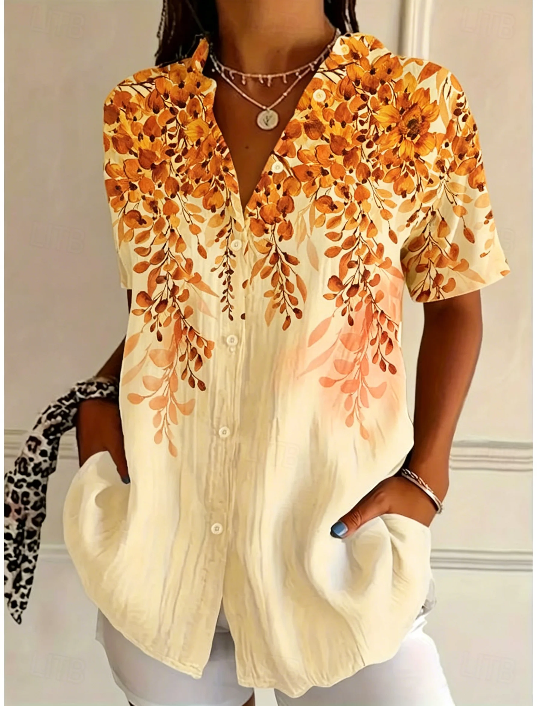 Women's Short Sleeve Orange Floral Print Button Down Casual Shirt Elegant Daily Blouse Tops in Beige for Spring Summer
Women's Short Sleeve Orange Floral Print Button Down Casual Shirt Elegant Daily Blouse Tops in Beige for Spring Summer