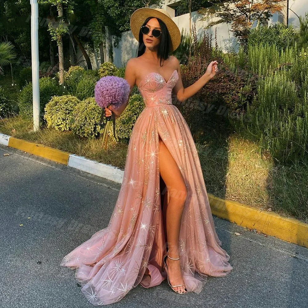 Pink Sweetheart Sparkling Star Evening Dresses A-line Tulle Sleeveless Side Split Prom Dresses Holiday Dresses فساتين السهرة
Pink Sweetheart Sparkling Star Evening Dresses A-line Tulle Sleeveless Side Split Prom Dresses Holiday Dresses فساتين السهرة