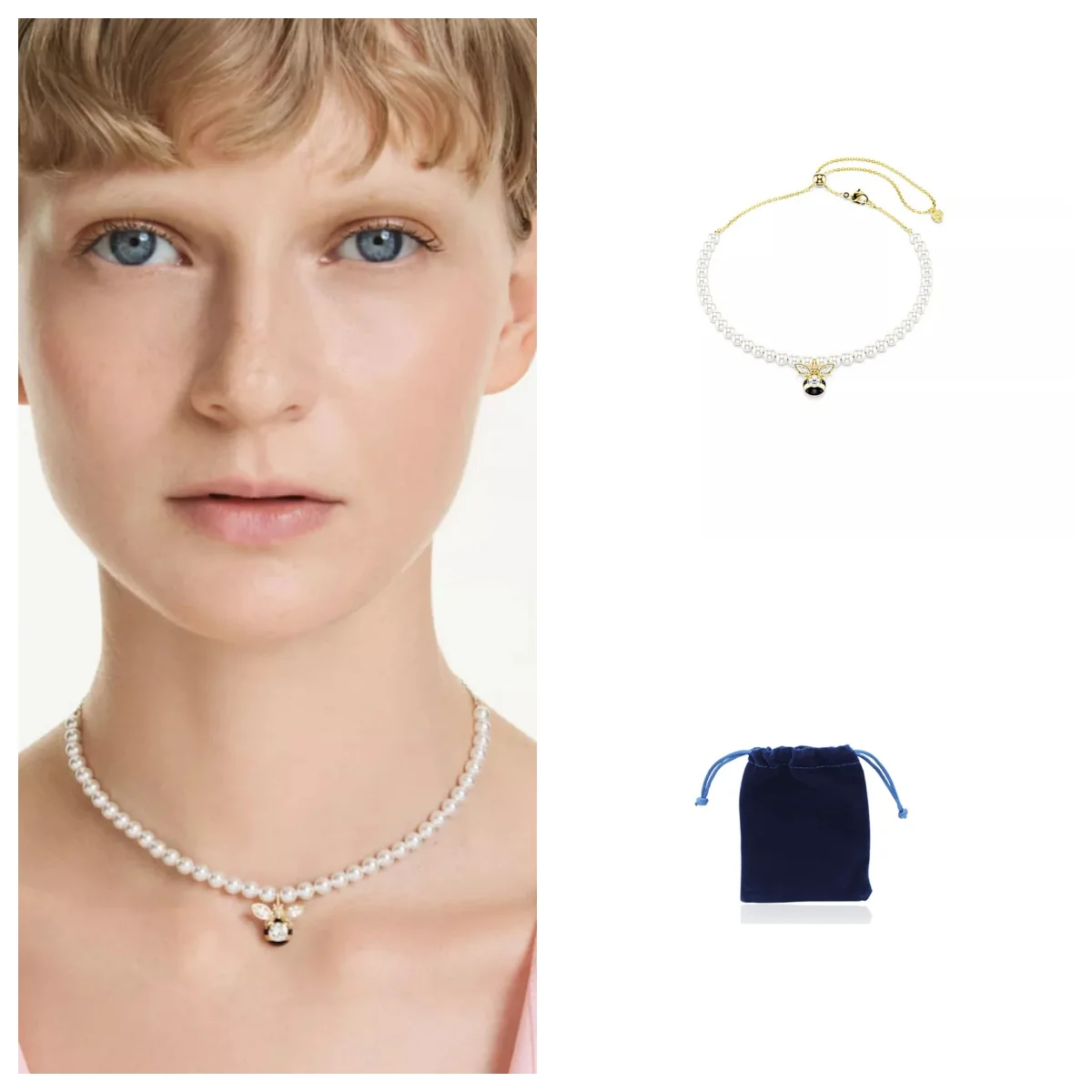 Idyllia choker, crystal pearl, mixed cuts, bee, white, gold-tone plated
Idyllia choker, crystal pearl, mixed cuts, bee, white, gold-tone plated