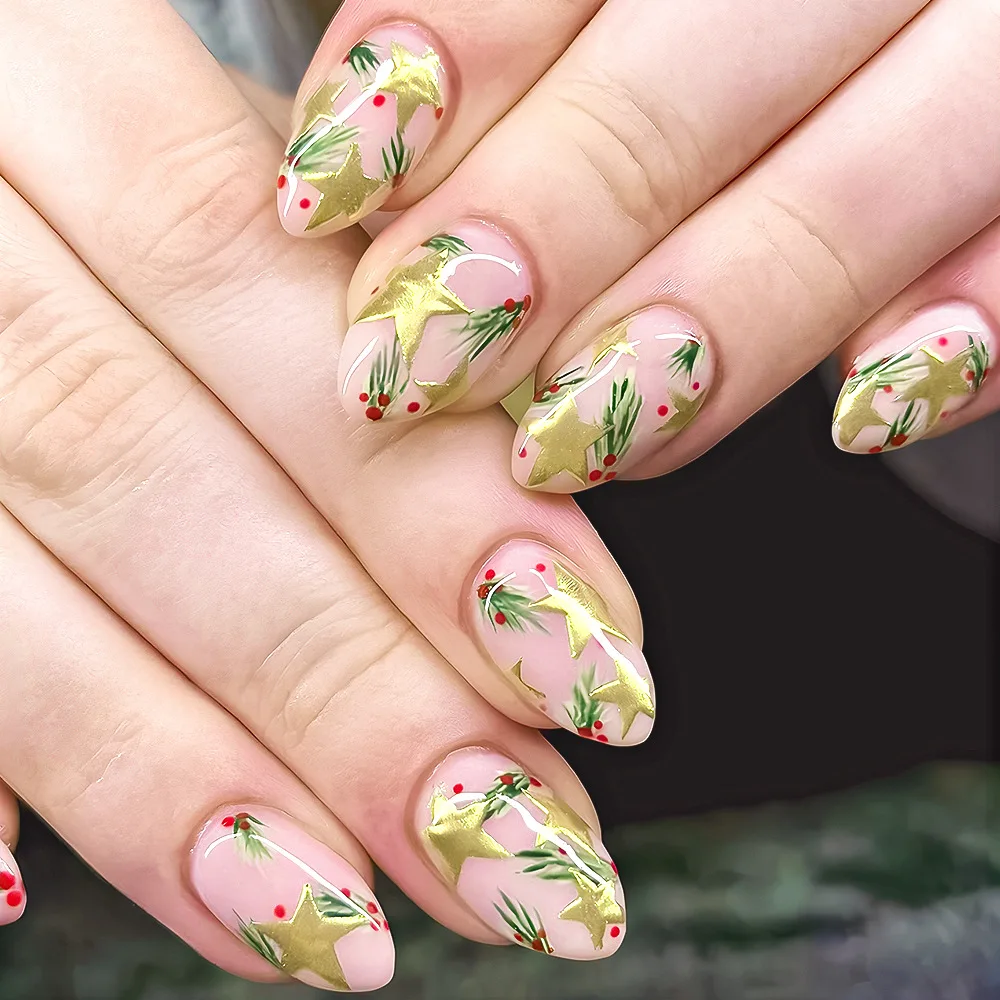 24pcs Flower Star Design False Nails Sets Christmas Short Almond Full Cover Nail Tips Detachable Green Oval Press on Fake Nails
24pcs Flower Star Design False Nails Sets Christmas Short Almond Full Cover Nail Tips Detachable Green Oval Press on Fake Nails