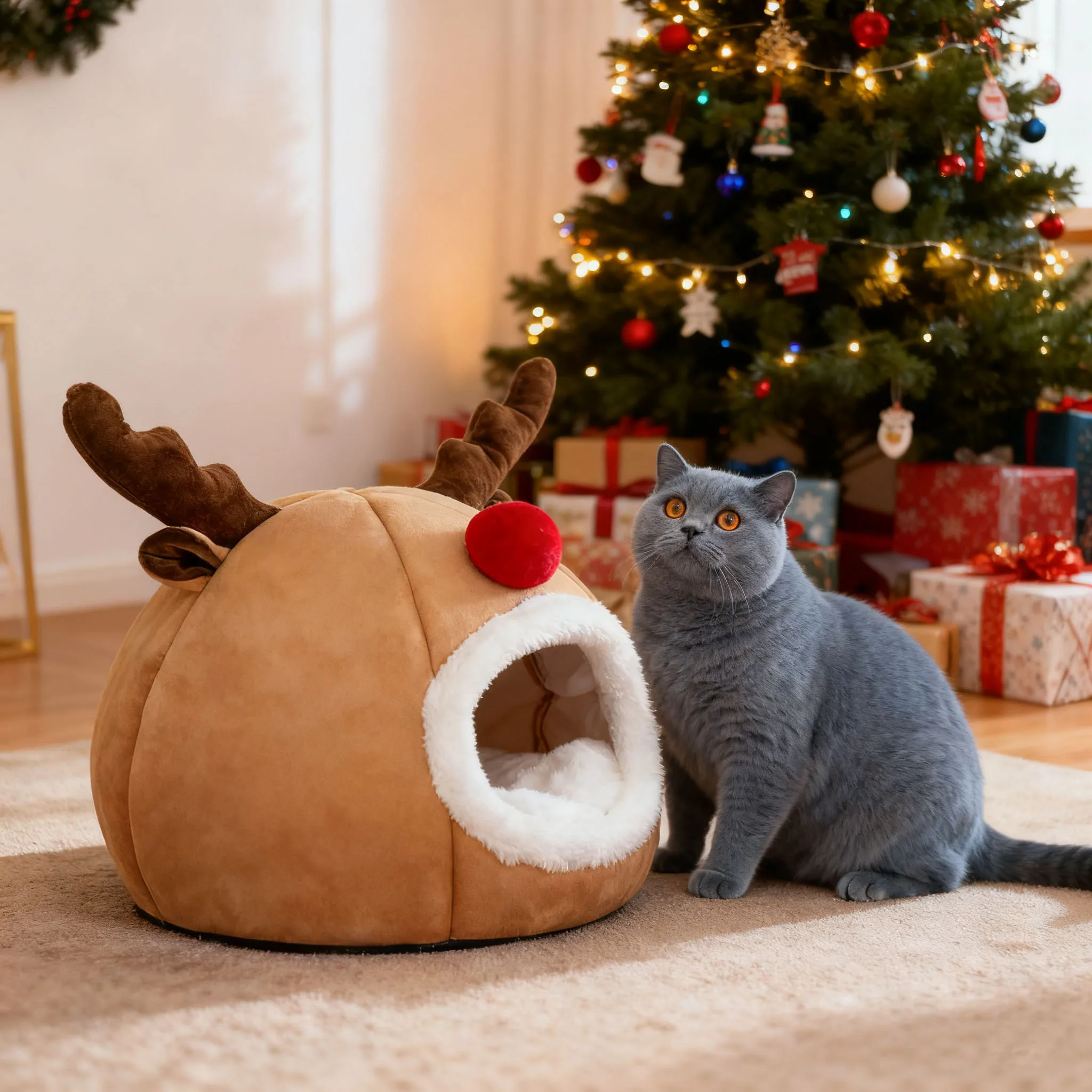 Рождественская кровать с оленями для домашних животных, плюшевый домик для кошек и собак, уютная праздничная пещера со съемной подушкой, теплая зимняя прихожая для домашних животных
Рождественская кровать с оленями для домашних животных, плюшевый домик для кошек и собак, уютная праздничная пещера со съемной подушкой, теплая зимняя прихожая для домашних животных