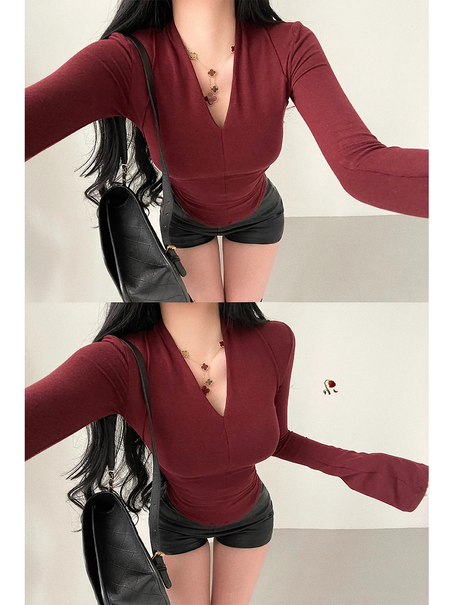 Slim Fit Long Sleeve V-Neck T-Shirt Women's Base Shirt Waist Cinched Pleated Bottoming Top Pure Color Knitted Cotton Winter
Slim Fit Long Sleeve V-Neck T-Shirt Women's Base Shirt Waist Cinched Pleated Bottoming Top Pure Color Knitted Cotton Winter