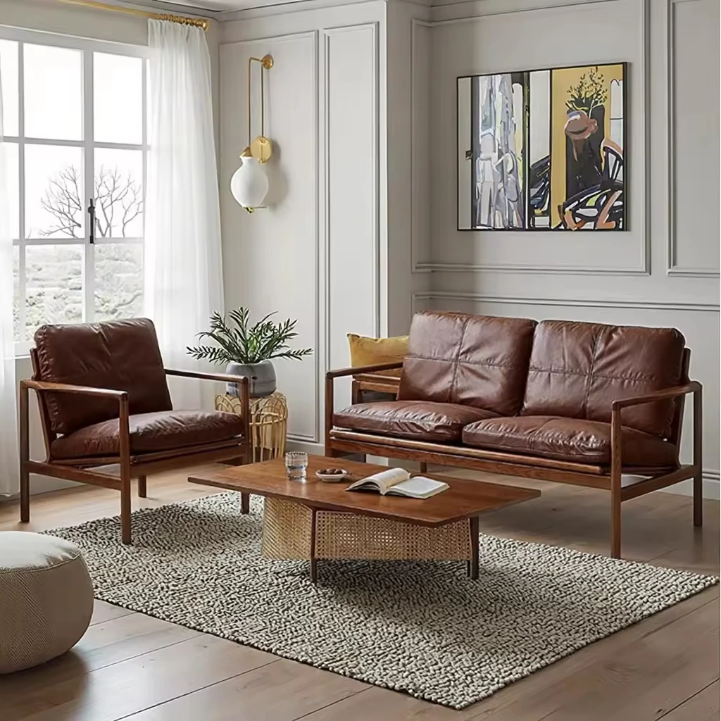 #Modern American Leather Solid Wood Sofa Small-Sized Living Room Retro Simple Straight-Row Two-Seater Sofa
#Modern American Leather Solid Wood Sofa Small-Sized Living Room Retro Simple Straight-Row Two-Seater Sofa