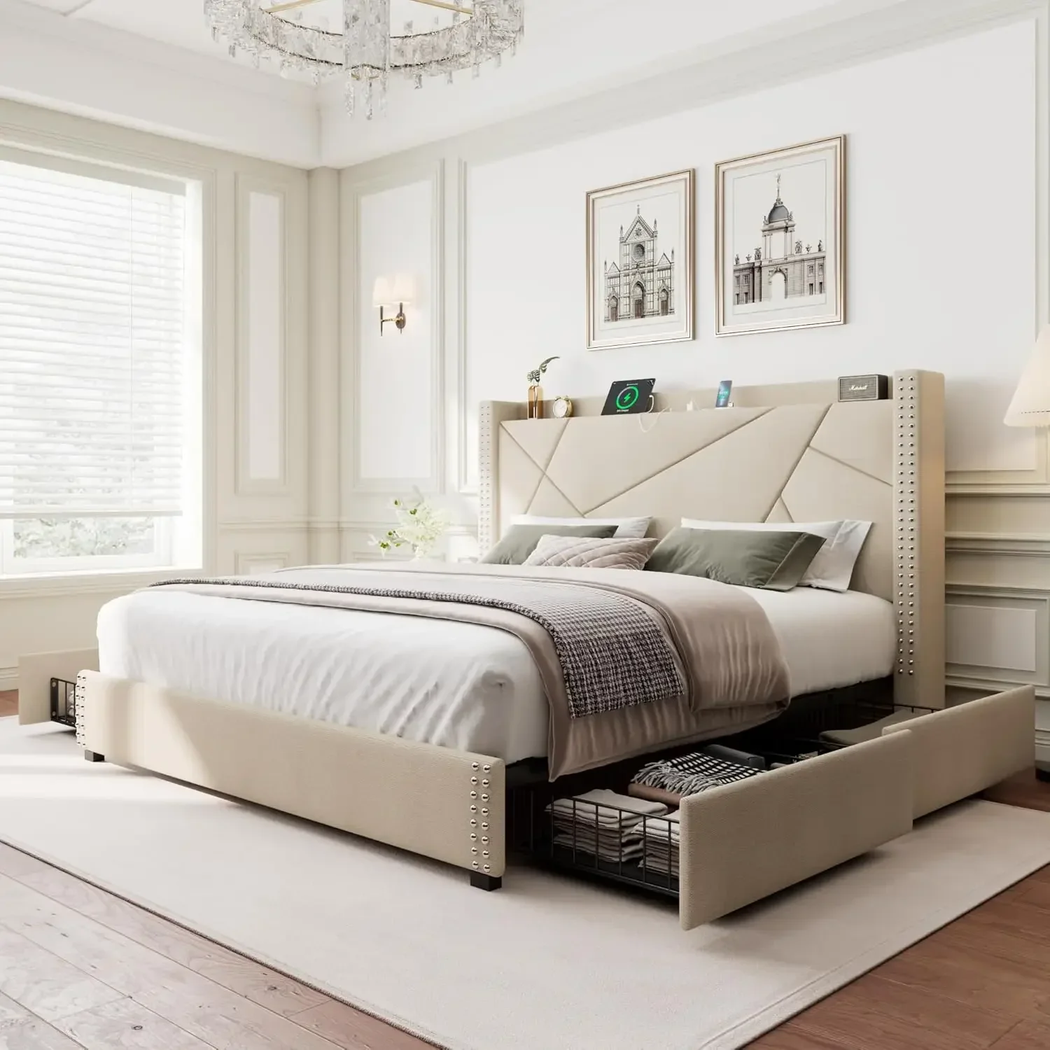 Upholstered Bed Frame with Minimalist Wingback Headboard and Charging Station, No Box Spring Needed, Beige
Upholstered Bed Frame with Minimalist Wingback Headboard and Charging Station, No Box Spring Needed, Beige