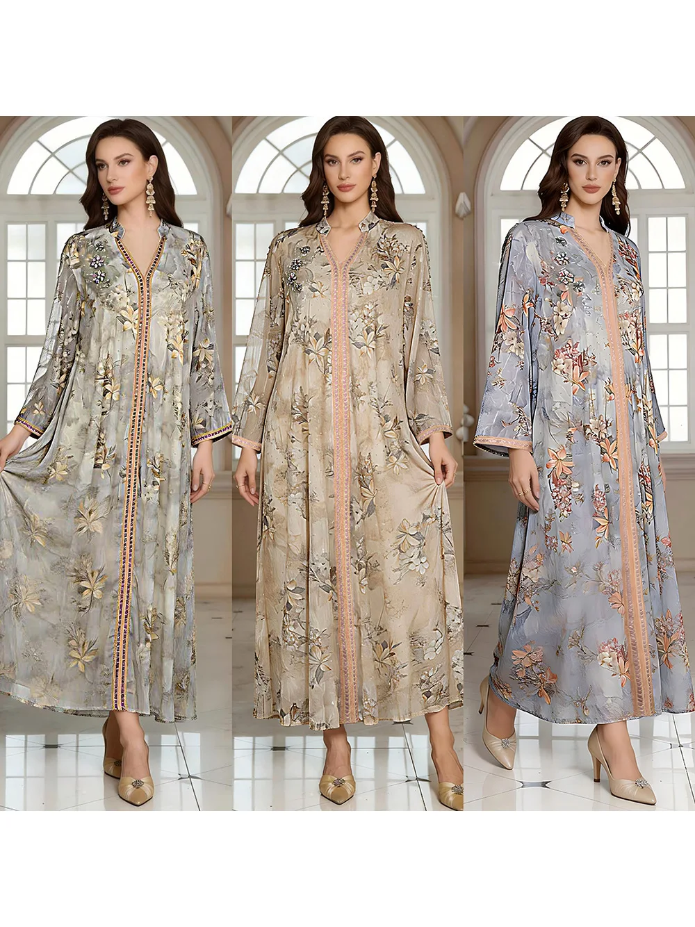 Middle Eastern Muslim new women's V-neck diamond studded bead hot pressed long sleeved dress jalabiya long skirt
Middle Eastern Muslim new women's V-neck diamond studded bead hot pressed long sleeved dress jalabiya long skirt