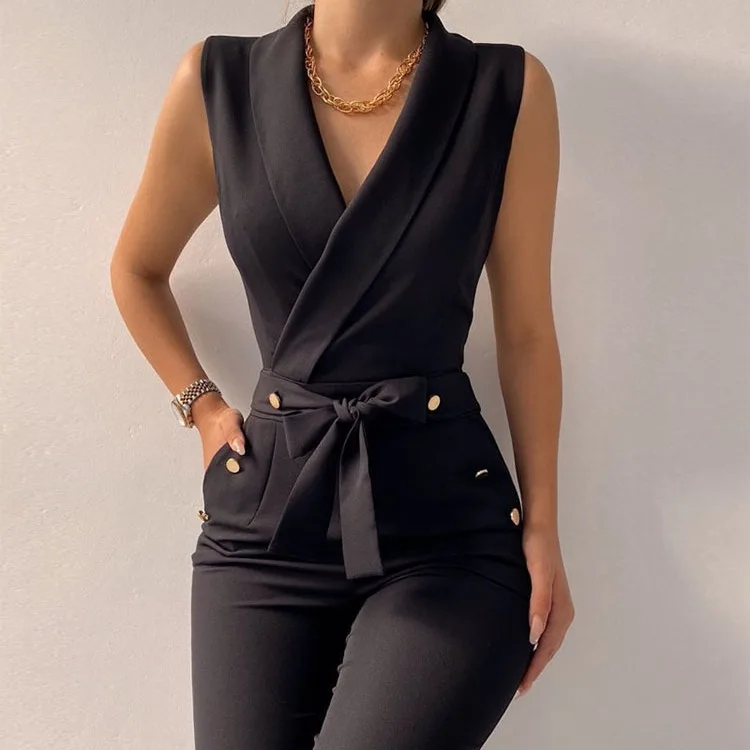 Womens Black Sleeveless Shawl Lapel Blazer Jumpsuit V Neck High Waist Belted With Gold Buttons Office Style Workwear
Womens Black Sleeveless Shawl Lapel Blazer Jumpsuit V Neck High Waist Belted With Gold Buttons Office Style Workwear