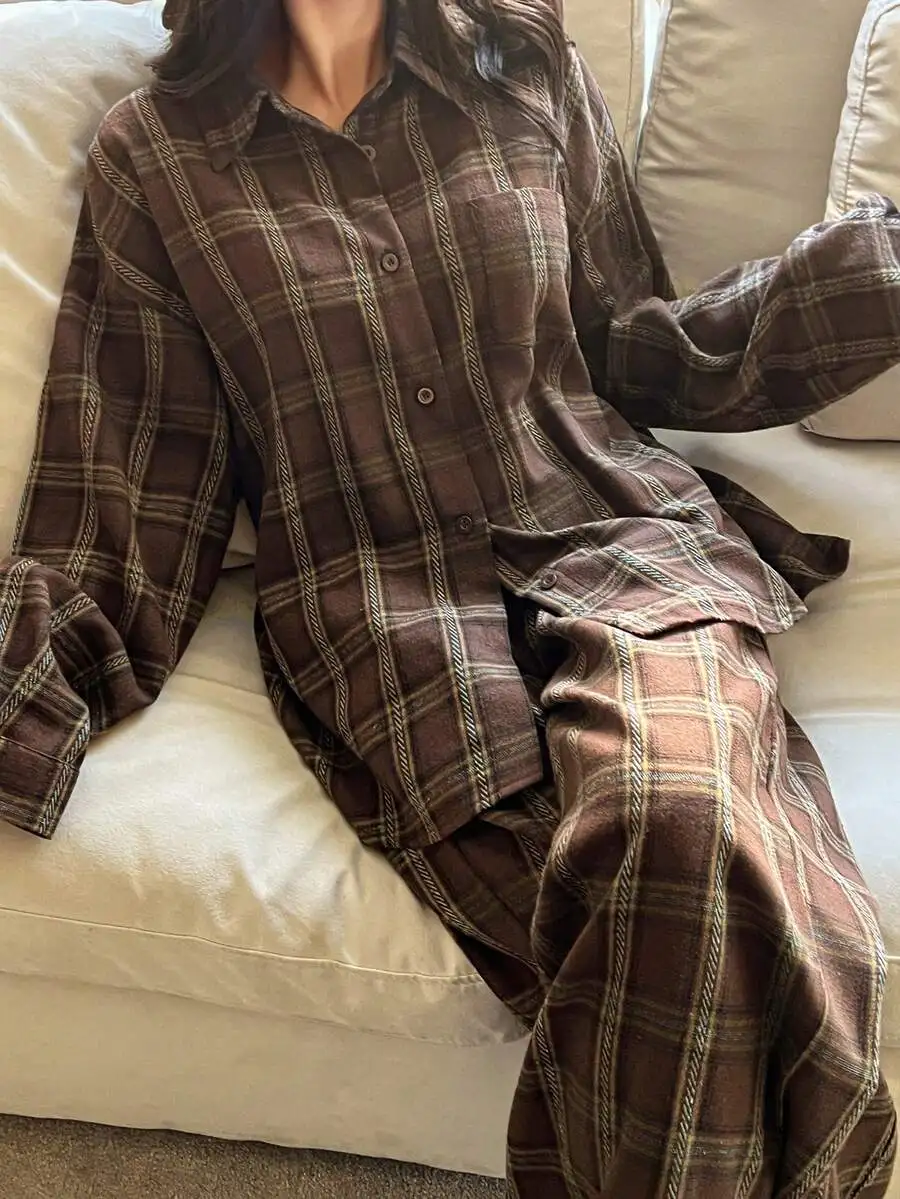 Womens Plaid Pajama Set Loose Fit Long Sleeve Shirt And Pants For Autumn Winter
Womens Plaid Pajama Set Loose Fit Long Sleeve Shirt And Pants For Autumn Winter