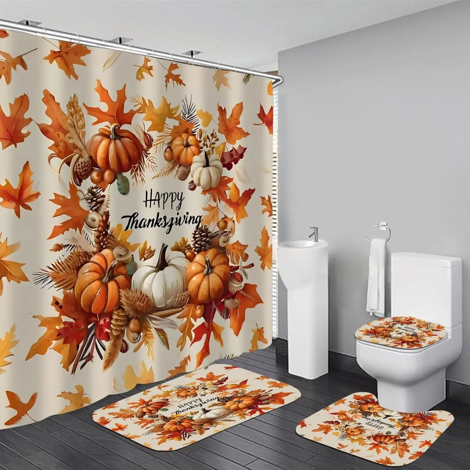 Happy Thanksgiving Shower Curtain Set, Pumpkins Maple Leaves Bathroom Shower Curtain with Rugs and Accessories, Fall Autumn
Happy Thanksgiving Shower Curtain Set, Pumpkins Maple Leaves Bathroom Shower Curtain with Rugs and Accessories, Fall Autumn