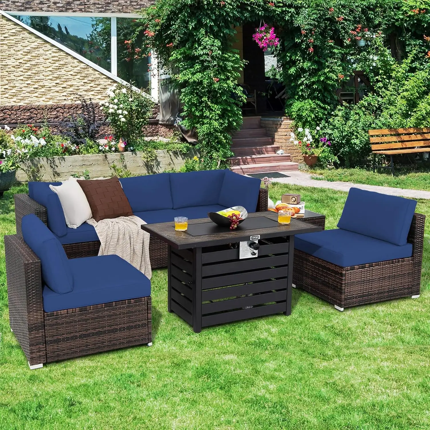 7pc Patio Set 42in Fire Pit Table Wicker Rattan Sectional Sofa 4in Cushions Poolside Backyard Customized
7pc Patio Set 42in Fire Pit Table Wicker Rattan Sectional Sofa 4in Cushions Poolside Backyard Customized