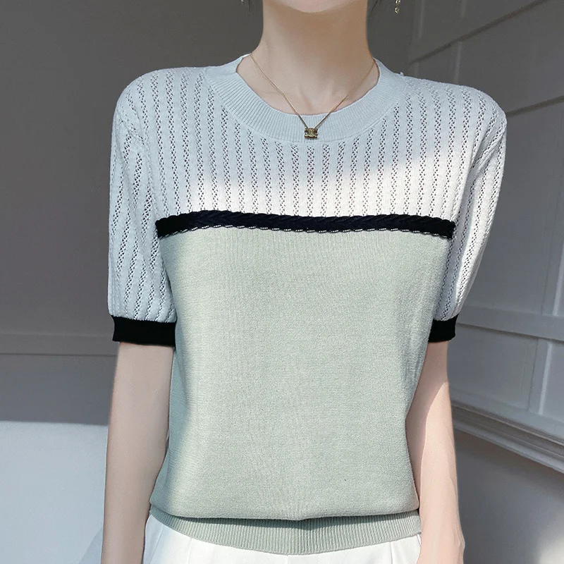 Summer new pure cotton knitted sweater short sleeved women's casual color blocked O-neck pullover T-shirt fashionable hollow top
Summer new pure cotton knitted sweater short sleeved women's casual color blocked O-neck pullover T-shirt fashionable hollow top