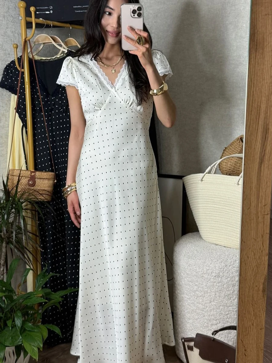 Polka Dot Waist Lace-up Midi Dress Women Lace Trim Sexy V Neck Short Sleeve A-line Vestidos Summer Elegant Fashion Long Dresses
Polka Dot Waist Lace-up Midi Dress Women Lace Trim Sexy V Neck Short Sleeve A-line Vestidos Summer Elegant Fashion Long Dresses