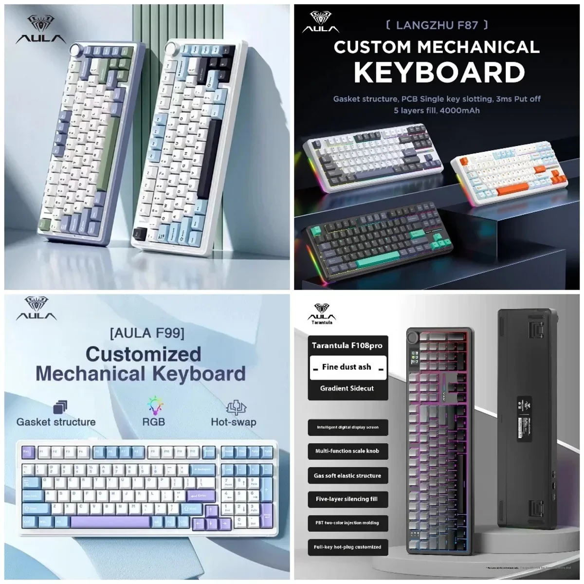 AULA Mechanical Keyboard F65/F75/F87pro/F99Pro/F108pro Customized RGB Hot-Swap Gasket Tri Mode Wireless Bluetooth Games Keyboard
AULA Mechanical Keyboard F65/F75/F87pro/F99Pro/F108pro Customized RGB Hot-Swap Gasket Tri Mode Wireless Bluetooth Games Keyboard
