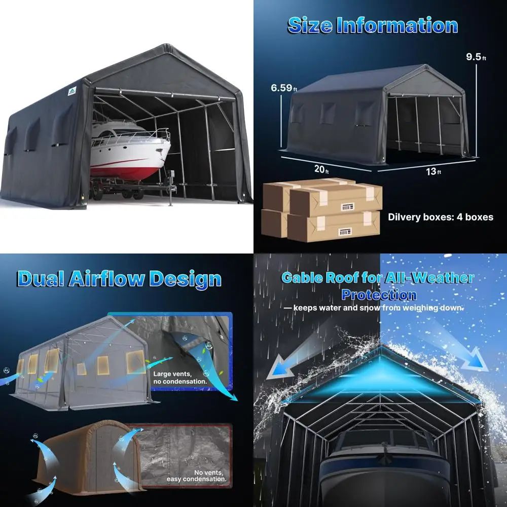 Portable Outdoor Storage Shelter with 2 Roll-Up Doors and Vents for Vehicles, Boats, and Trucks - 13x20 ft Carport Garage Tent
Portable Outdoor Storage Shelter with 2 Roll-Up Doors and Vents for Vehicles, Boats, and Trucks - 13x20 ft Carport Garage Tent