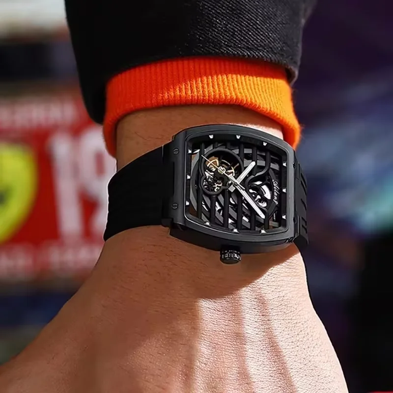 Men's Youth Barrel-Shaped Hollow Mechanical Watch, Trendy and Fashionable Black Dial, Silicone Strap, Casual Business Watch
Men's Youth Barrel-Shaped Hollow Mechanical Watch, Trendy and Fashionable Black Dial, Silicone Strap, Casual Business Watch