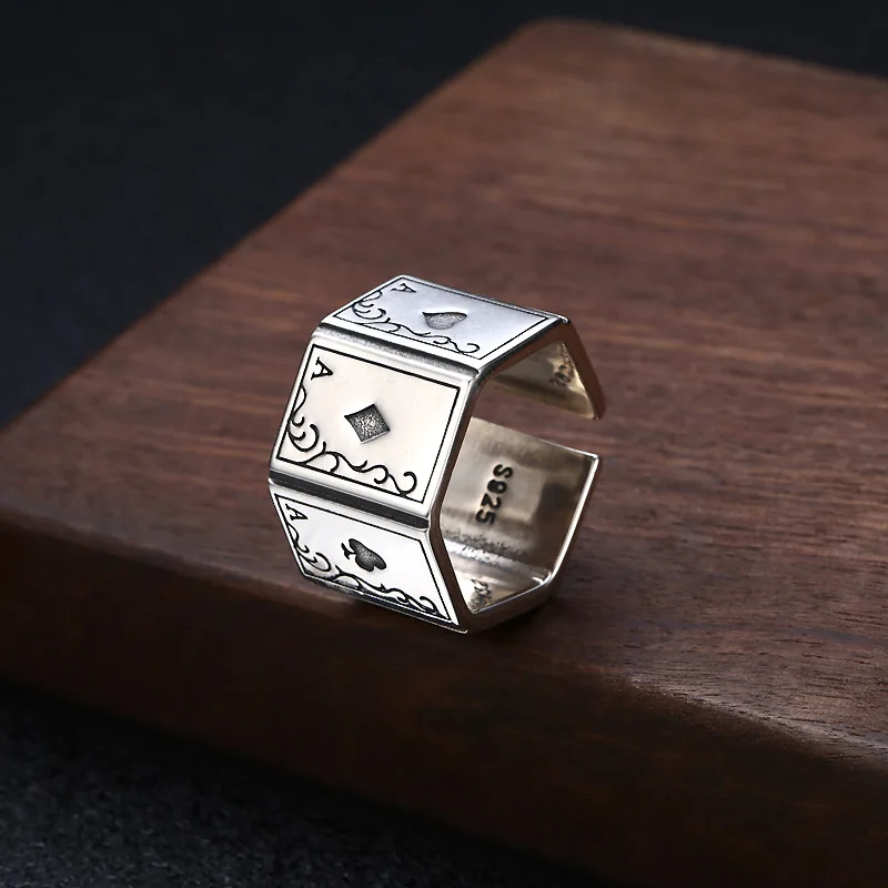 s925 sterling silver playing card A ring men's and women's ring opening adjustable Korean style niche accessories 
s925 sterling silver playing card A ring men's and women's ring opening adjustable Korean style niche accessories
