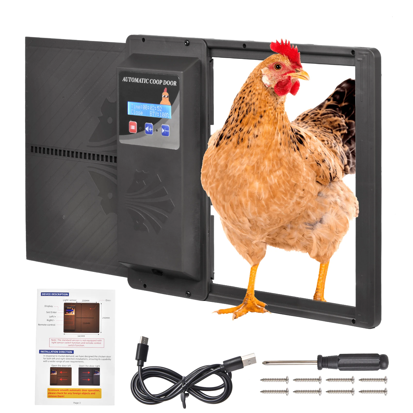 Automatic Chicken Coop Door with Timer Anti-Pinch LCD Display Electric Opener Flock Security System for Home
Automatic Chicken Coop Door with Timer Anti-Pinch LCD Display Electric Opener Flock Security System for Home