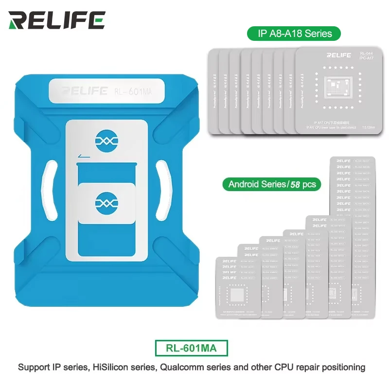 RELIFE RL-601MA Universal CPU Reballing Stencil Platform For Android iPhone A8-A18 series IC Chip Planting Tin Template Fixture
RELIFE RL-601MA Universal CPU Reballing Stencil Platform For Android iPhone A8-A18 series IC Chip Planting Tin Template Fixture