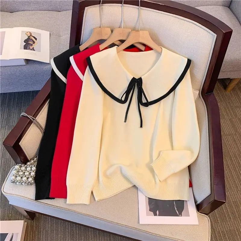 French Doll Collar Pullover Sweater Women's Outer Wear Spring Autumn New Slim Bow Lace-up Long Sleeve Chic Knitted Sweater Tops
French Doll Collar Pullover Sweater Women's Outer Wear Spring Autumn New Slim Bow Lace-up Long Sleeve Chic Knitted Sweater Tops