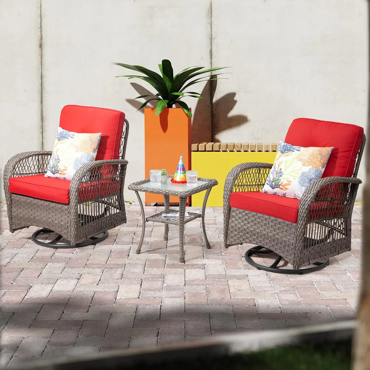 Patio Conversation Set, 3PCS Rattan Patio Wicker Swivel Rocking Chair Set, Outdoor Rattan Chair w/ Side Coffee Table & Cushion
Patio Conversation Set, 3PCS Rattan Patio Wicker Swivel Rocking Chair Set, Outdoor Rattan Chair w/ Side Coffee Table & Cushion