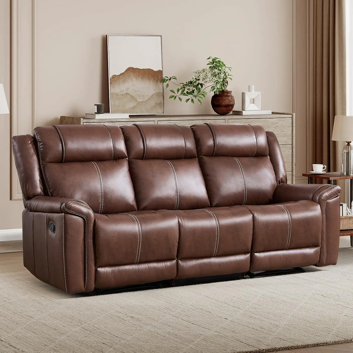 Faux Leather Recliner 3 Seat Couch, Manual Reclining Sofa, Mid-Century Modern 3-Seater Chair with Padded Headrest, Customized
Faux Leather Recliner 3 Seat Couch, Manual Reclining Sofa, Mid-Century Modern 3-Seater Chair with Padded Headrest, Customized
