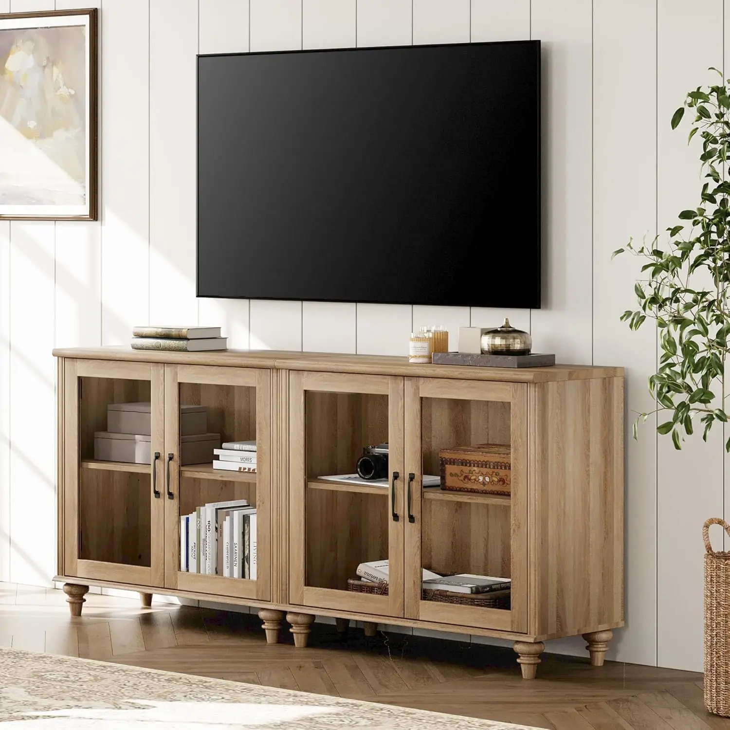 Farmhouse TV stand, suitable for 75 inch TV, with 4 glass doors, wooden universal TV stand, with 4 storage cabinets
Farmhouse TV stand, suitable for 75 inch TV, with 4 glass doors, wooden universal TV stand, with 4 storage cabinets
