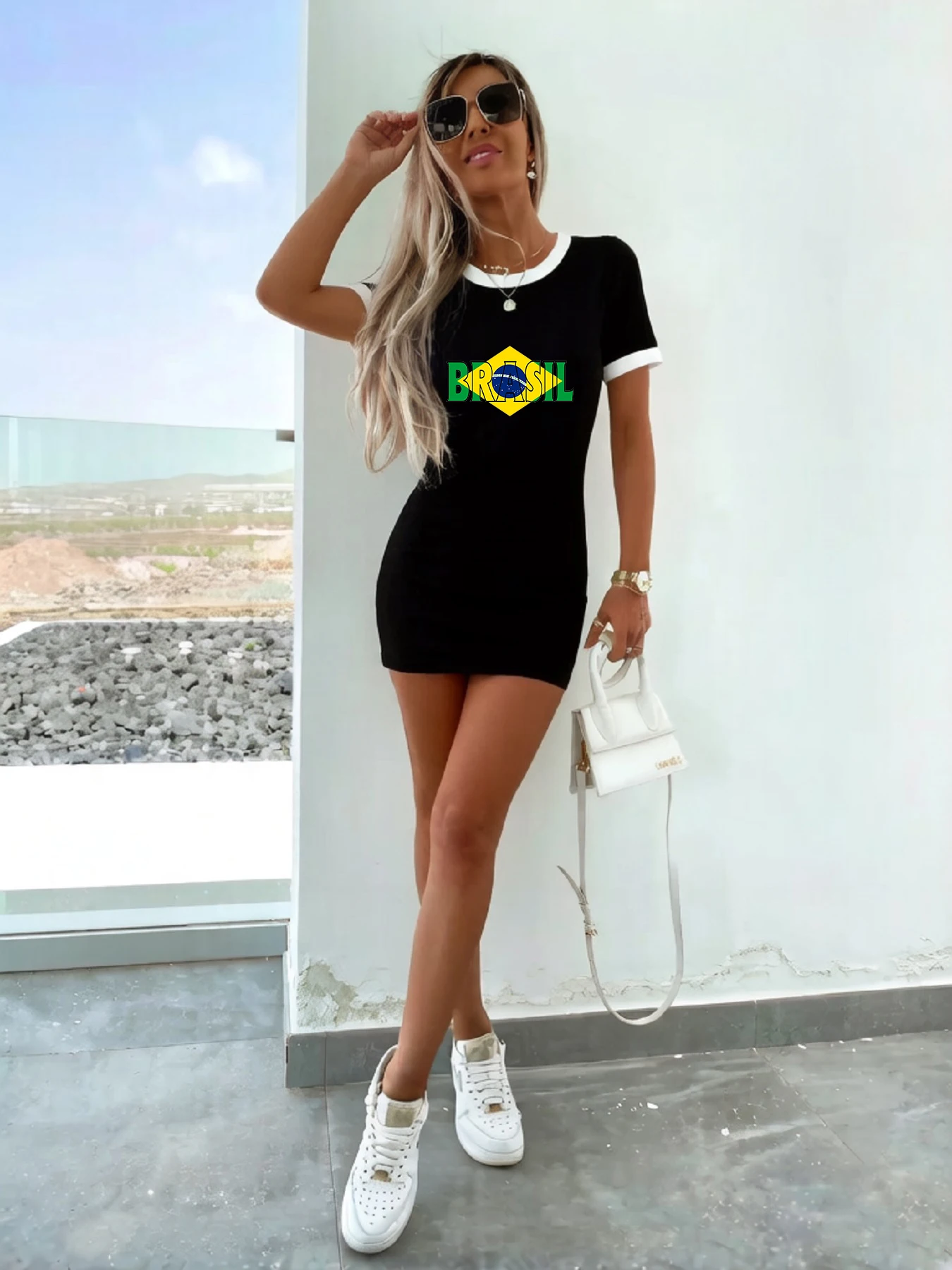 Retro Style Brasil Brazilian Flag Diamond Letter Print Color-Block Round Neck Short-Sleeve T-Shirt Dress Slim Fit Hip-Hugging Dress Summer Streetwear Casual Versatile Mid-Length T-Shirt Dress Women's Fashion
Retro Style Brasil Brazilian Flag Diamond Letter Print Color-Block Round Neck Short-Sleeve T-Shirt Dress Slim Fit Hip-Hugging Dress Summer Streetwear Casual Versatile Mid-Length T-Shirt Dress Women's Fashion
