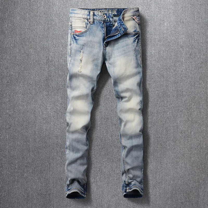 Street Fashion Men Jeans High Quality Retro Light Blue Stretch Slim Fit Ripped Jeans Men Embroidery Designer Vintage Denim Pants
Street Fashion Men Jeans High Quality Retro Light Blue Stretch Slim Fit Ripped Jeans Men Embroidery Designer Vintage Denim Pants