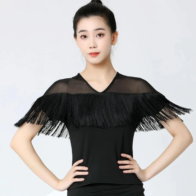 Latin Dance Top, Women Black Shoulder Tassel Sheer Mesh V-Neck Short Sleeve Latin Ballroom Salsa Tango Practice Dancewear
Latin Dance Top, Women Black Shoulder Tassel Sheer Mesh V-Neck Short Sleeve Latin Ballroom Salsa Tango Practice Dancewear