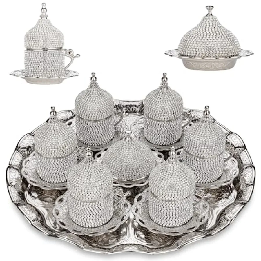Crystal Embellished Turkish Coffee Set 27 Pieces Decorative Zamac Espresso Cups, Saucers and Sugar Bowl with Tray Available in
Crystal Embellished Turkish Coffee Set 27 Pieces Decorative Zamac Espresso Cups, Saucers and Sugar Bowl with Tray Available in